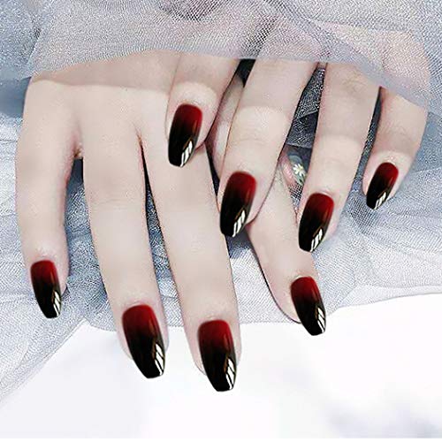 Jovono Gradient Oval False Nails Glossy Black Red Fake Nails Long Hand Nails Artificial Full Cover Nails for Women and Girls (24PCS)