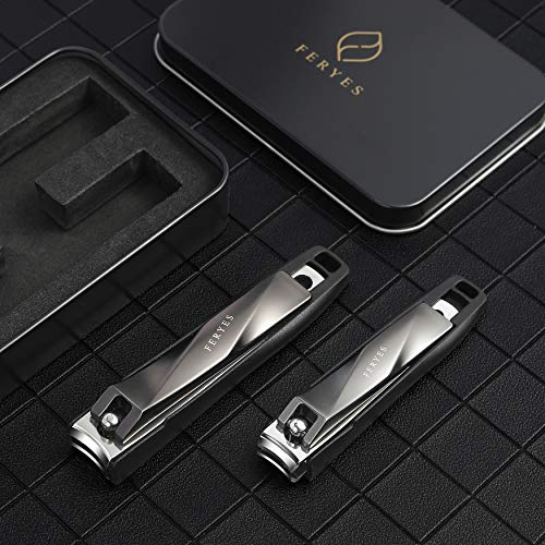 FERYES Nail Clippers with Catcher 2 PCS Set, No Splash Fingernail Clipper and Toenail Clipper, Stainless Steel Heavy Duty Nail Cutters For Men &