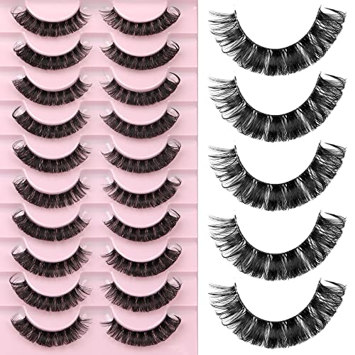 Newcally Eyelashes Russian Strip Lashes Natural Wispy Cat Eye False Eye Lashes Pack 3D Clear Band Fluffy Fake Eyelashes 10 Pairs
