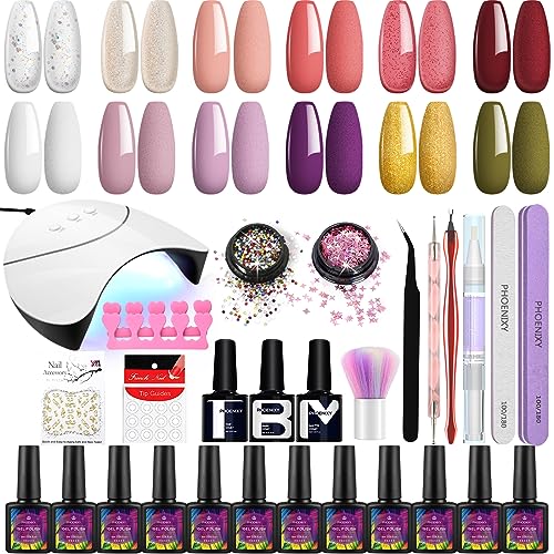 Gel Nail Polish Set, Phoenixy 12 Colours Gel Nail Polish Kit with UV/LED Nail Lamp,Soak Off Nail Polish Glossy Matte Top Coat Gel Nail Starter Ki