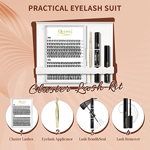 Individual Lashes 240 Cluster-Lashes QUEWEL DIY Lash-Extensions Kit, Clusters Eyelash Applicator, Cluster Lashes Bond and Seal Super Hold, Cluste