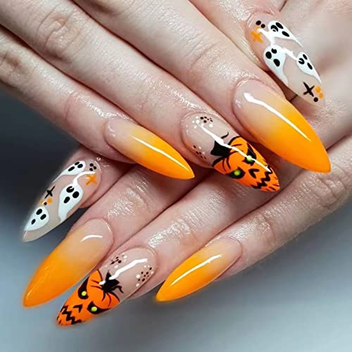 RUNRAYAY Medium Length French Tips Press on Nails with Designs, Nude White Acrylic Nails Press On, Stick on Nails for Women, Glue on Nails Fake N