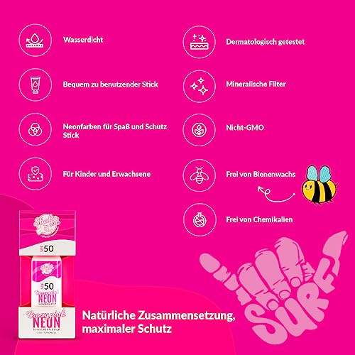 Shaka Sun Mineral Sun Protection Pen SPF 50+ Natural Zinc Oxide Sun Cream Neon Purple + Pink + Green for Children and Adults (Neon Pink)