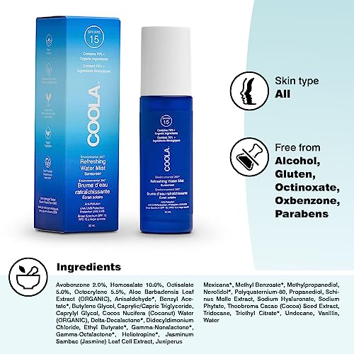 Coola SPF 18 Water Mist Suncreen, 70 Percent + Organic Sunscreen for Daily Use, Refreshing and Alcohol Free, 50 ml