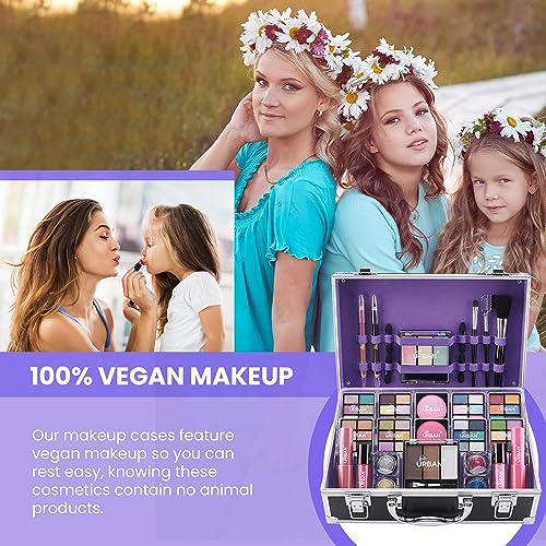 Bliss Makeup Case with Vegan Makeup Products – Complete Makeup Suitcase with Eyeshadow, Blusher, Lipstick, Eyebrow Wax and Powder, Brushes – Alum