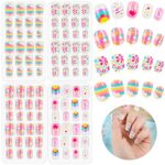 96 Pcs Kids False Nails, Children Press on Fake Nail Tip Cartoon Kids Full Cover Short Fingernail Children Artificial Nail Tips Kids Pre-glued Fa