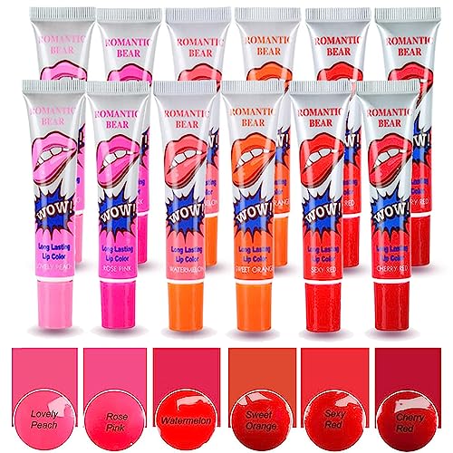 (12 Pcs) Lip Stain Peel Off, Lip Tattoo Lipstick,6 Colors Peel Off Lipstick,Waterproof Tear Lip Stain Cosmetic Gift Set for Girls,Peel off Lip St