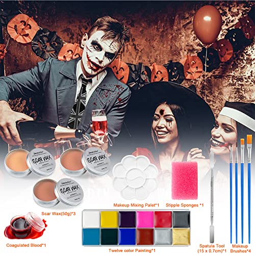 immetee SFX Makeup Kit, Special Effect Face Body Paint Halloween Makeup, Face Paint Oil Palette+3 Scar Wax+1 Fake Blood+4 Paint Brushes+1 Spatula