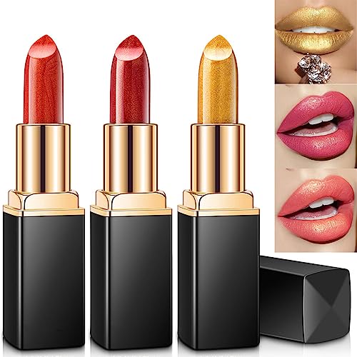 Colour Changing Lipstick, Glitter Shimmer Lipsticks Non-Stick Cup Pink Lipstick, Moisturizing Full Colour Hydrating Lip Stick Metallic Pearlescen