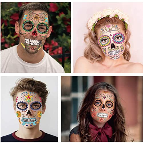 Day of the Dead Tattoo, 18 Sheets Day of the Dead Decorations Halloween Face Temporary Tattoos, Day of the Dead Stickers Sugar Skull Skeleton for