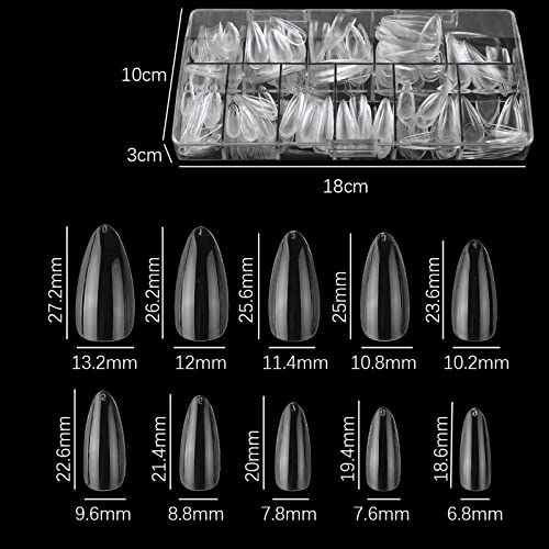 Almond Shaped Nail Tips 500Pcs Clear Acrylic Medium Nails Full Cover with Case for DIY Nail Art, 10 Sizes