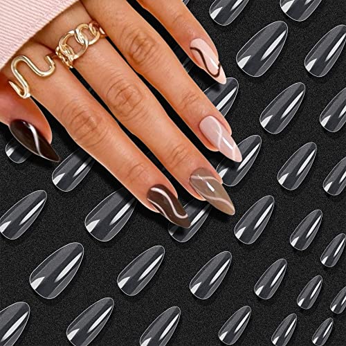 Fake Nails Tips Acrylic Nail Art Full Cover Almond False Nails Long Almond Stiletto False Nail Clear Press on Nail Extension Kit for Women Girls