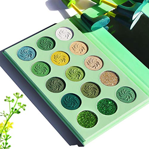 Green Eyeshadow Palette Matte and Glitter,Afflano Highly Pigmented Makeup Palettes Eye shadow Yellow 15 Colours,Bright Creme Shimmer Metallic Spa