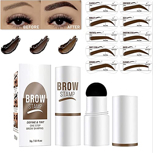 Eyebrow Stamp and Eyebrow Stencil Kit, Waterproof Long-Lasting Eyebrow Stamp with 10pcs Reusable Eyebrow Stencil Makeup Kit (Dark Brown)