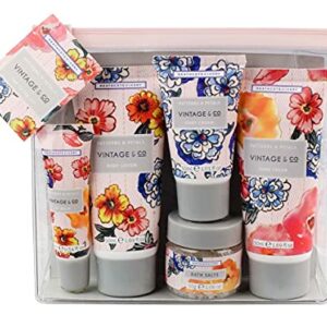 Vintage & Co Patterns & Petals Top To Toe Kit | 50ml Hand Cream, 50ml Body Lotion, 30ml Foot Cream, 10ml Lip Balm & 30g Bath Salts | Travel Frien
