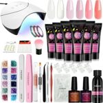 Poly Nail Gel Kit with U V LED Nail Lamp, Phoenixy 6 Colours Poly Extension Gel Nail Set with Slip Solution Gel Nail Starter Full Kit Builder Nai