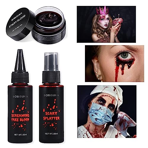 BOBISUKA Halloween Fake Blood Makeup Kit - Realistic Washable Special Effects SFX Makeup Coagulated Blood + Dripping Blood + Spray For Zombie Vam