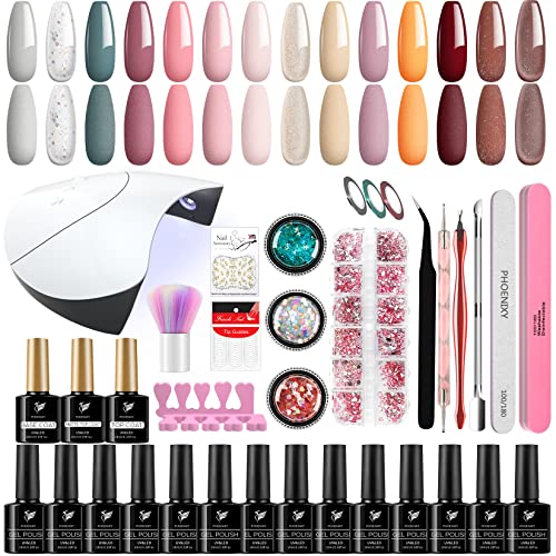 Gel Nail Polish Kit with U V/LED Nail Lamp Phoenixy 14 Colours 10ml Soak Off Gel Nail Polish Set and Glossy Matte Base Top Coat Gift Set for Wome