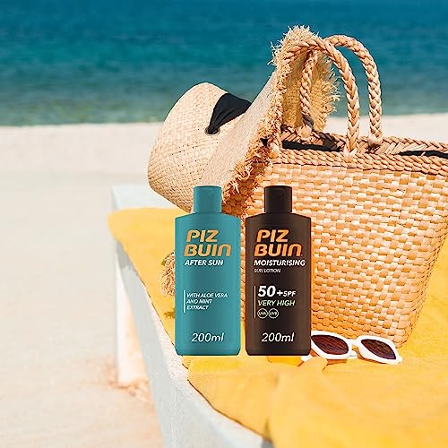 Piz Buin Sun Lotion SPF50+ 200ml bundled with After Sun Soothing Cooling Moisturising Lotion 200ml with Aloe Vera and Mint Extract - Sun Protecti