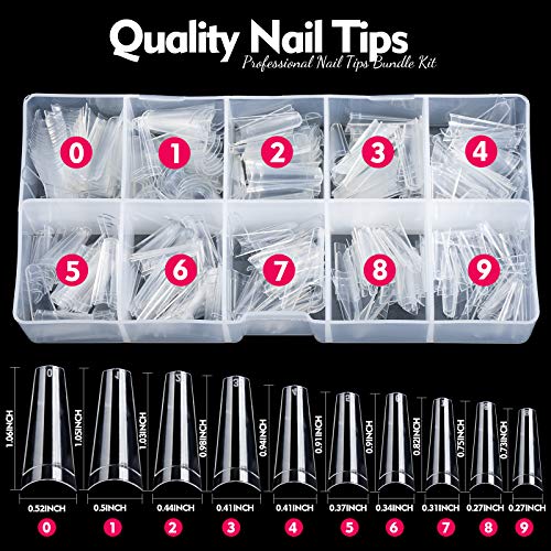 Clear Nail Tips, Artificial French Acrylic Press on Nails Set, 500 Pcs Coffin Half Cover Natural False Nails with Nail Glue Nail Files Buffer Shi