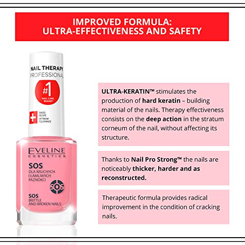 Eveline Cosmetics SOS Broken & Brittle Nail Therapy Professional | 12 ML | Strengthening Hardening Conditioner with Calcium and Collagen | Repair