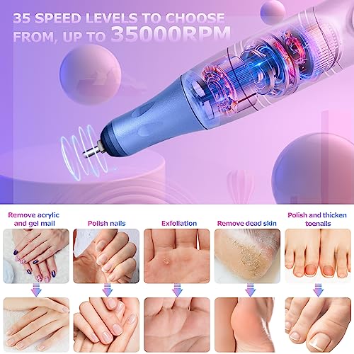 EVILTO Electric Nail Files Cordless, Professional Nail Drill LCD Display With 12 Bits 35 Speed 35000RPM Rechargeable Manicure Pedicure EFile For