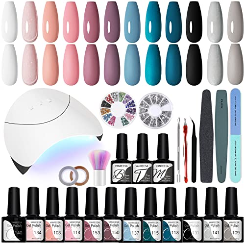 Gel Nail Polish Kit, VANREESA with 36W U V LED Nail Lamp 12 Colours Nail Polish Set with Basic Manicure Tools Black Pink Gray Purple Nail Gel Pol