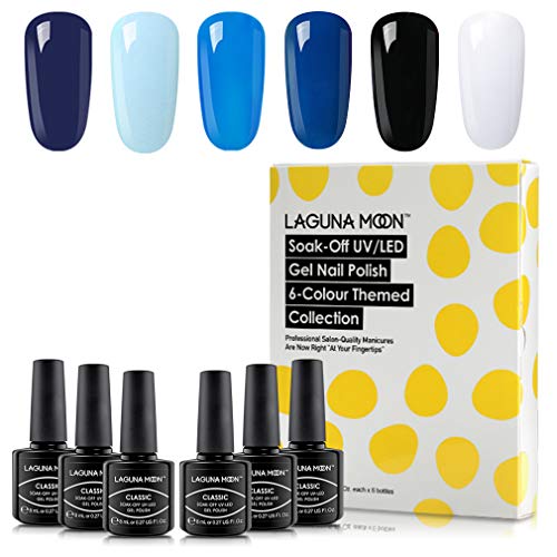 Lagunamoon Gel Nail Polishes, 6 Colors Blue Black White Gel Nail Polish Set Soak Off Long Lasting UV LED Light DIY Manicure Gel Polish Kit Salon