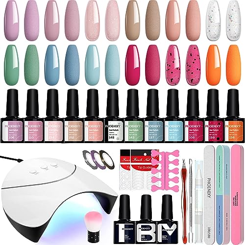 Gel Nail Polish Starter Kit, Phoenixy 12 Colours Soak off Gel Nail Polish Set with Nail Lamp 8ml Gel Nail Kit Shellac Nail Kit Gift Set for Women