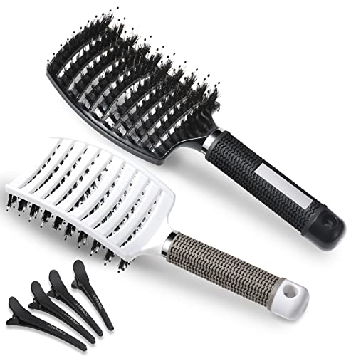 Lictin Curly Hair Brush Comb - Detangler Brush Set Boar Bristle Paddle 2 Hairbrush, Hair Brush Comb Set with 4 Haircilps for Hair Salon or Home S