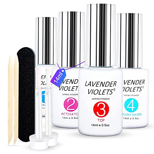 Lavender Violets Acrylic Dipping Powder System Essentials Kit 14ml Big Bottles Liquid Glue Set Steps 1-4 Base Coat Activator Top Brush Saver No N