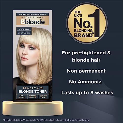 Jerome Russell Bblonde White Gold Maximum Blonde Toner – Non-Permanent Hair Toner for Pre-Lightened & Blonde Hair Colour, Hair Dye with No Ammoni