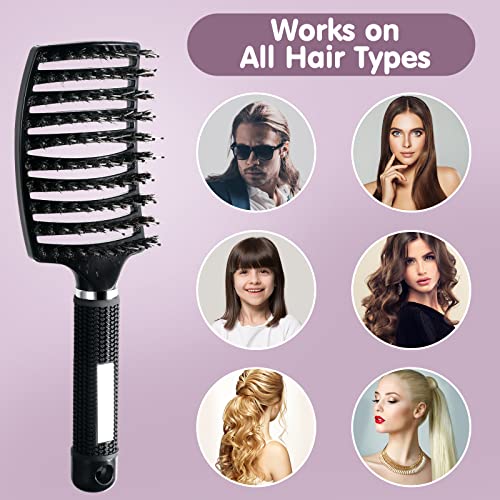 Lictin Curly Hair Brush Comb - Detangler Brush Set Boar Bristle Paddle 2 Hairbrush, Hair Brush Comb Set with 4 Haircilps for Hair Salon or Home S