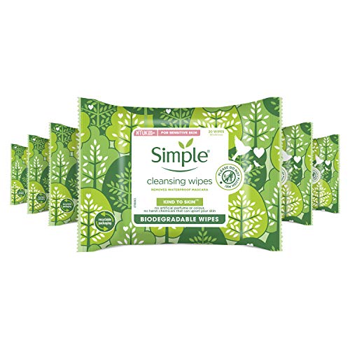 Simple Kind To Skin, Biodegradable Cleansing Make Up Remover Face Wipes For Women, Perfect for Sensitive Skin 1 Months Supply (6 Packs Of 20 Wipe