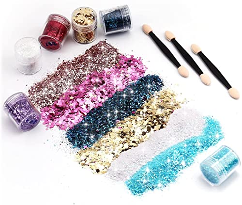 DazSpirit 10pcs Chunky Glitter for Face, Body, and Hair, Glitter Festival Makeup Set - Safe for Body Hair Nail Eye Beauty Makeup Art Decorative f