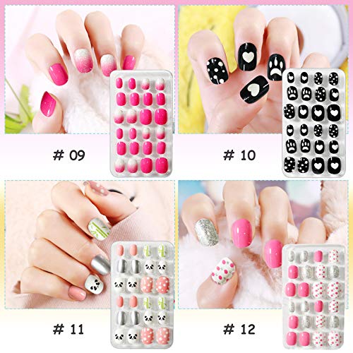 Kalolary 288PCS Kids False Nail, Press on Pre-glue Full Cover Candy Pattern Short False Nail Kits with 48PCS Nail Adhesive Tabs, Children's Day L