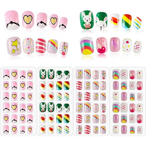 96Pcs Kids Stick On Nails, Kids Press on Nails False Nails Fake Nails Artificial Nail Tips Full Cover Short False Fingernails for Girls Kids Gift