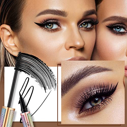 QIC Mascara, Black Mascara With Eyeliner Set, 4D Silk Fiber Eyelash Mascara with Liquid Eyeliner Kit, Waterproof, Sweat-Proof, SmudgeProof, Long