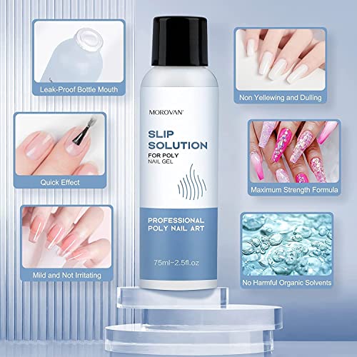 Morovan Slip Solution Poly Gel Nail Extension Gel Slip Solution 2.5oz Anti-stick Gel Solution Liquid With Brush Nail Tips Clips Crystal Cup for P