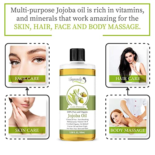 Golden Jojoba Oil 100% Pure & Natural Organic Cold Pressed Unrefined Hexane & Chemical Free Natural Carrier Oil for Face & Hair, Helps Fight Acne