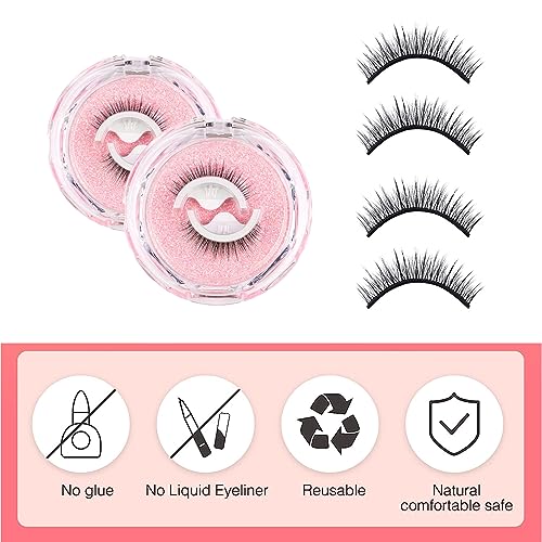 Reusable Adhesive Eyelashes,2 Pairs Self Adhesive Eyelashes and A Pink Lash Tweezer Reusable False Eyelashes Pre Glued Eyelashes Self Stick Lashe