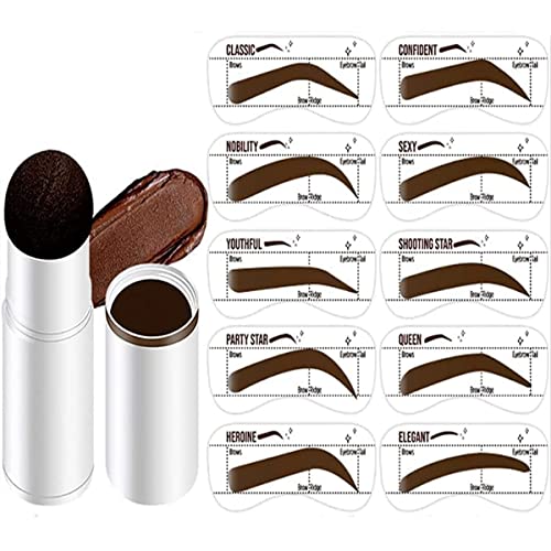 Eyebrow Stamp and Eyebrow Stencil Kit, Waterproof Long-Lasting Eyebrow Stamp with 10pcs Reusable Eyebrow Stencil Makeup Kit (Dark Brown)