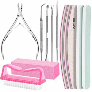 12 Pcs Nail Files Set, FANDAMEI Cuticle Nippers with 100/180 Emery Boards Nail Buffer Block Kit Cuticle Pusher Toenail Lifter Cuticle Peeler Scra
