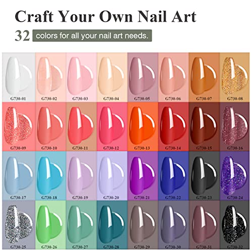 Saviland Gel Nail Polish Kitโ32 Colours Gel Polish Set with Base & Glossy/Matte Top Coat Liner Nail Art Brush Nail Stickers Soak-off U V Gel Poli