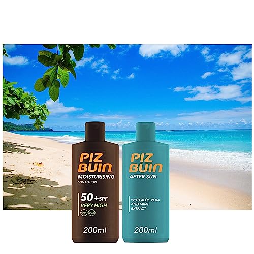 Piz Buin Sun Lotion SPF50+ 200ml bundled with After Sun Soothing Cooling Moisturising Lotion 200ml with Aloe Vera and Mint Extract - Sun Protecti