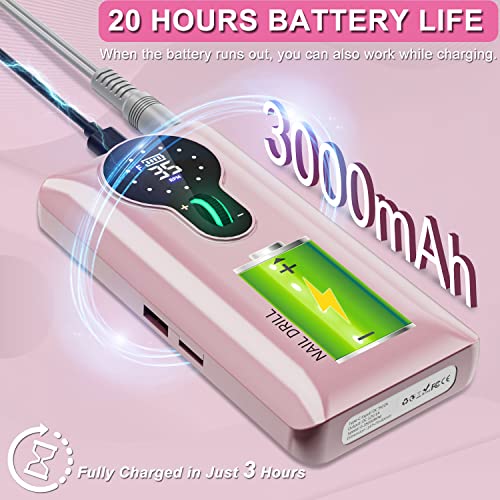 ENGERWALL Professional Rechargeable 35000 RPM Nail Drill, 20+ Hours Battery Life Portable Electric Nail File Kit with 13 Bits & 56 Sanding Bands
