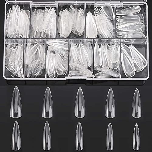 Almond Shaped Nail Tips 500Pcs Clear Acrylic Medium Nails Full Cover with Case for DIY Nail Art, 10 Sizes