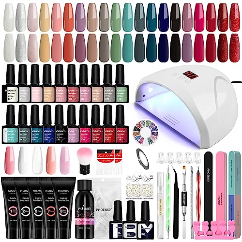 Gel Nail Polish Set Starter Kit, Phoenixy Gel Nail Kit with Poly Nail Gel Kit with 36W U V Lamp, Shellac Nail Kit Soak Off Gel Nail Polish Kit Co