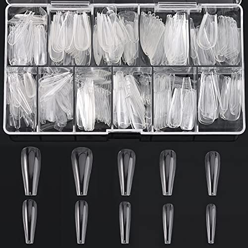 Almond Shaped Nail Tips 500Pcs Clear Acrylic Medium Nails Full Cover with Case for DIY Nail Art, 10 Sizes
