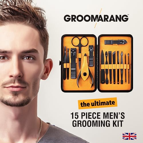 Groomarang 15pc Mens Manicure Kit - Stainless Steel Corrosion Resistant Nail Clipper Grooming Set